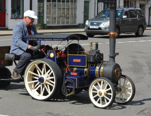 small blue steam traction engine called [MAUD] Tewkesbury market town Gloucestershire England