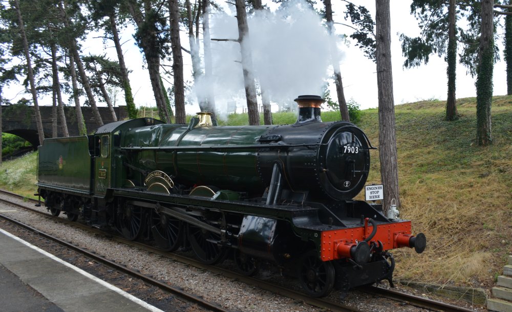 steam locomotive passing running round the loop at Cheltenham Race Course Station Gloucestershire Warwickshire steam railway England