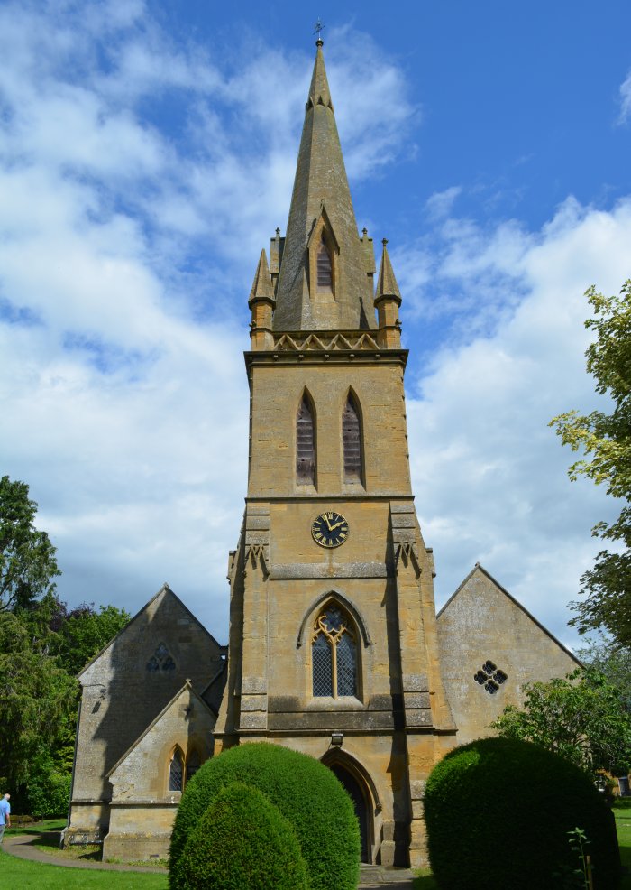 Tower and spire of Parish Church of St David Moreton-in-Marsh market town Cotswolds Gloucestershire England