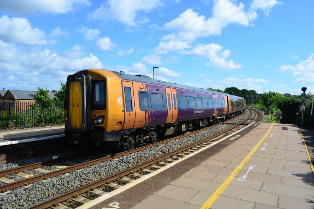 DMU Class 172 (sub-class 172/3) unit 172337 with a West Midlands suburban train from Whitlocks End entering and terminating at Worcester Foregate station, (below) departing for Whitlocks end (July 2021)