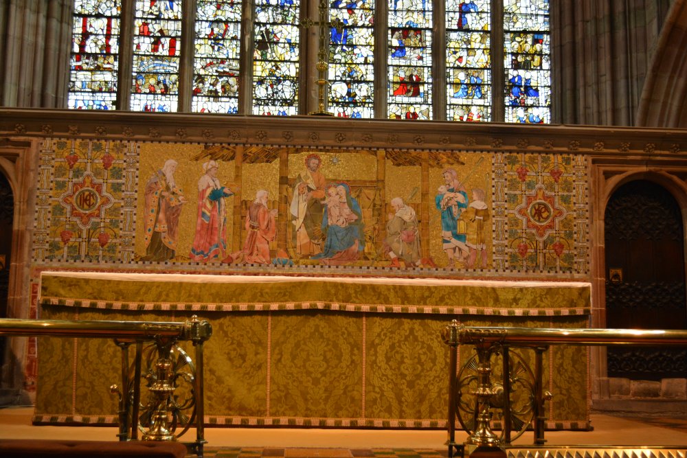decorated altar piece in the chancel of Great Malvern Priory Church Worcestershire England
