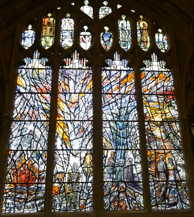 Millennium Window in North Aisle of the Chancel modern stained glass window by the artist Thomas Denny (Great Malvern Priory Church Worcestershire England