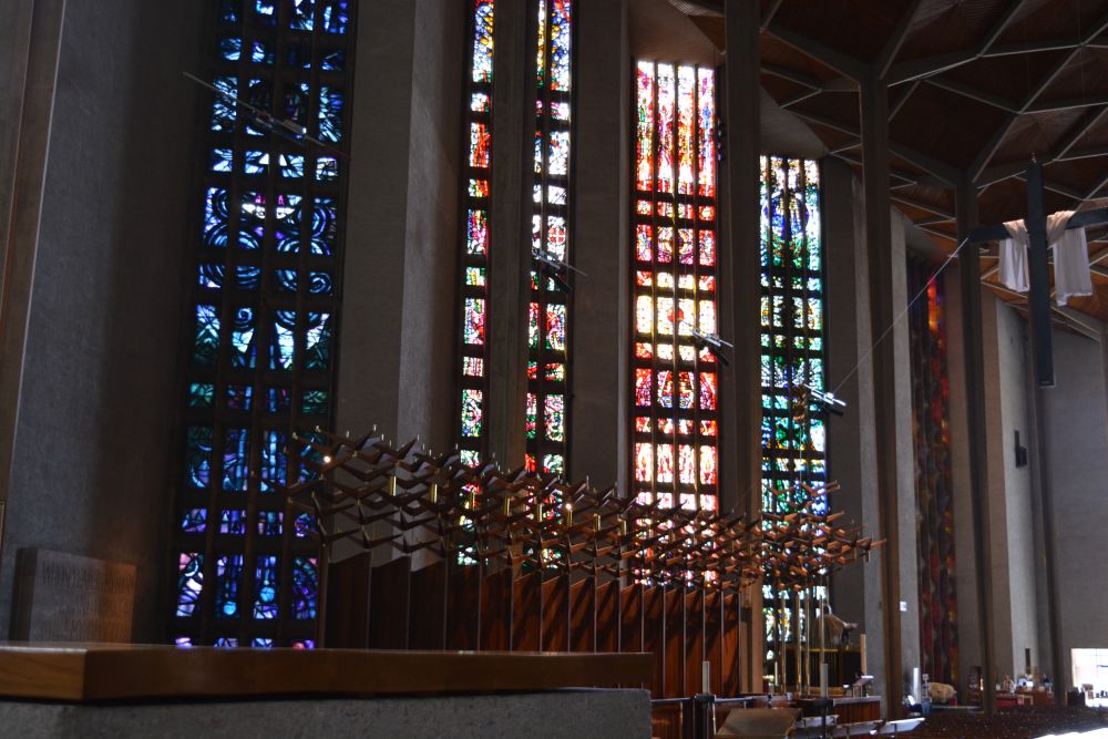 stained glass window panels above the choir stalls modern Coventry Cathedral new