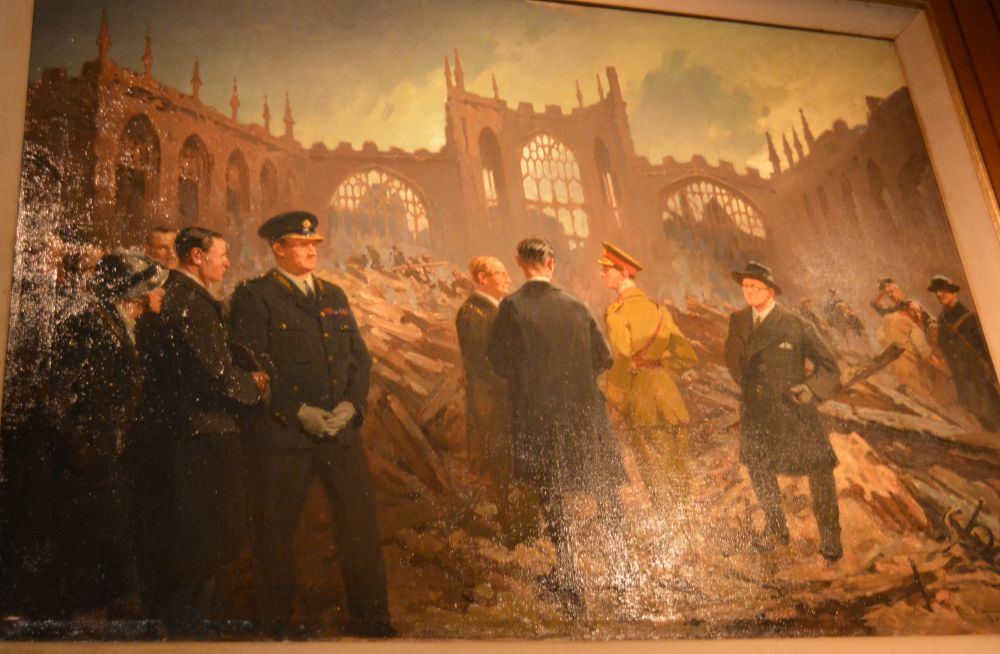 painting of visit of King George VI to the ruins of medieval Coventry Cathedral