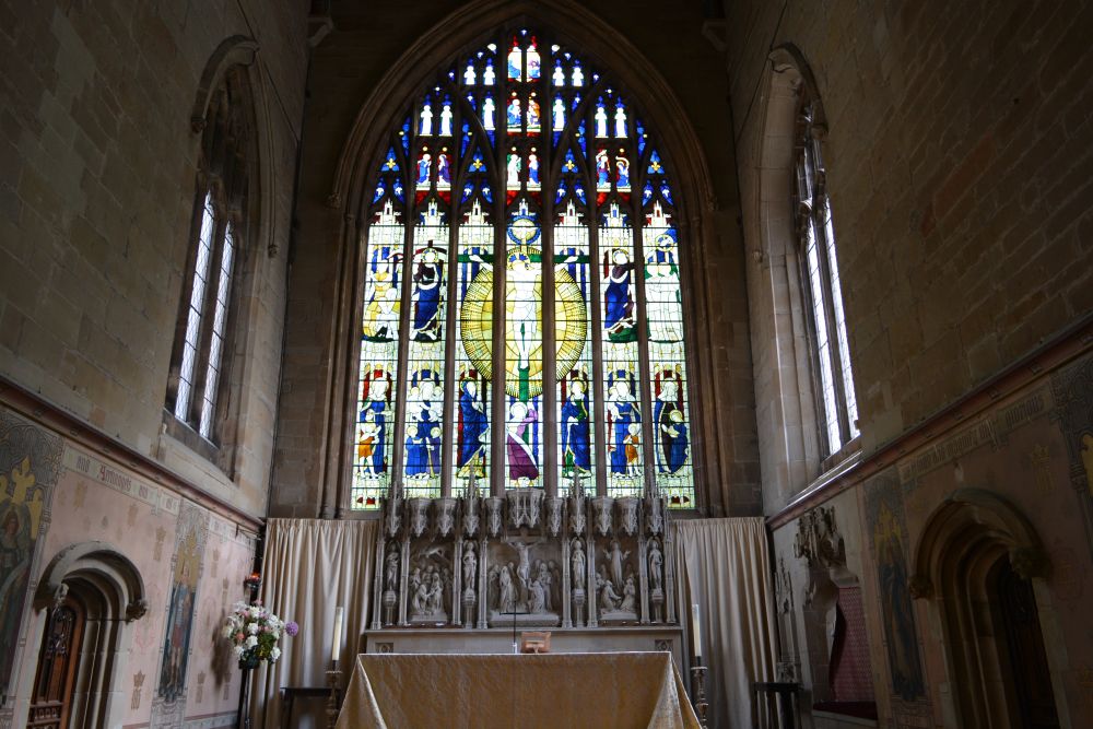 stained glass window panels of the great East Window above the altar in the chancel of Holy Trinity Parish Church City of Coventry