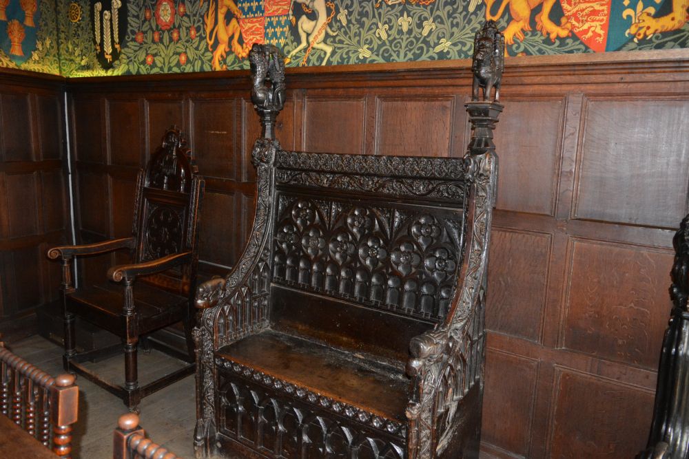 carved oak furniture of the Old Council Chamber of St Mary's Guildhall Coventry