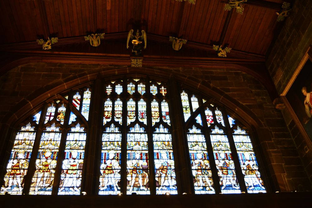 great stained glass window panels in the Great Hall of St Mary's Guildhall Coventry