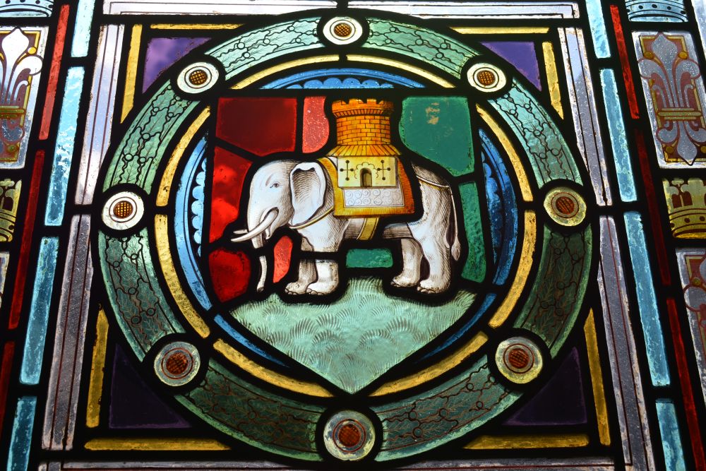 stained glass window panels in the Drapers Room of St Mary's Guildhall Coventry