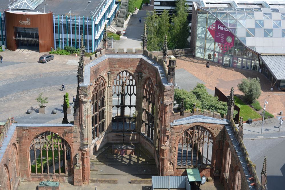 A view of the entrance to Herbert Art Gallery & Museum, Coventry from the west tower of the ruined medieval cathedral Herbert Art Gallery & Museum Coventry