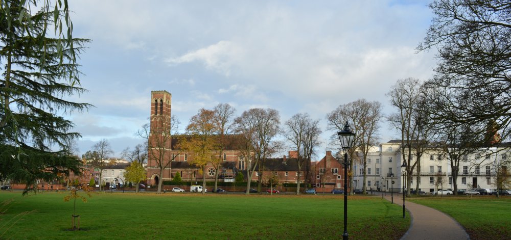 View of St Peter's Church from across the Pump Room Gardens Leamington Spa