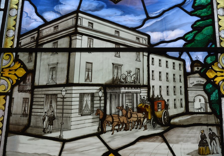 Regent Hotel in 1820 stained glass window panels Leamington Spa