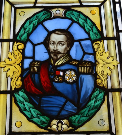 Napoleon III, dated 1873 Regent Hotel stained glass window panels Leamington Spa