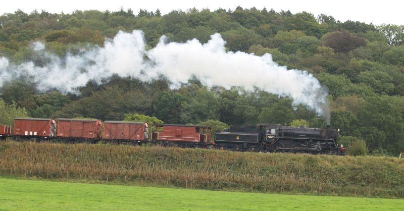 Standard BR Class 76079 ascending Esk Valley with a Grosmont-Goathland freight train