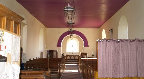 The interior and chancel arch of St Michael's Church, Cold Kirby. - Walking from Sutton Bank National Park Visitor Centre, North York Moors National Park, North Yorkshire, Northern England