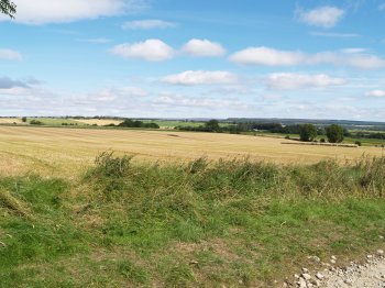 the stony track of Low Field Lane (below) on the Cleveland Way with views over the farmland to distant North York Moors - Walking from Sutton Bank National Park Visitor Centre, North York Moors National Park, North Yorkshire, Northern England