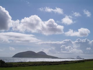 The setting of the cafe of the Blasket Island Interpretive Heritage Centre at Dunquin, Co. Kerry, Ireland, has a magnificent view across to the Blasket Islands off the Atlantic Coast of the Dingle Peninsular. The islands have been officially uninhabited since 1953, but the once thriving small community left a wealth of literature.
