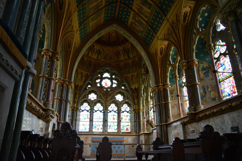 highly decorated interior of the chancel of St Mary's Church, Studley Royal