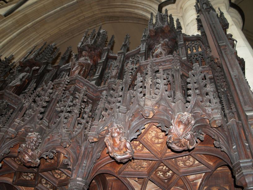 The elaborate carving of the choir stall canopies of Beverley Minster