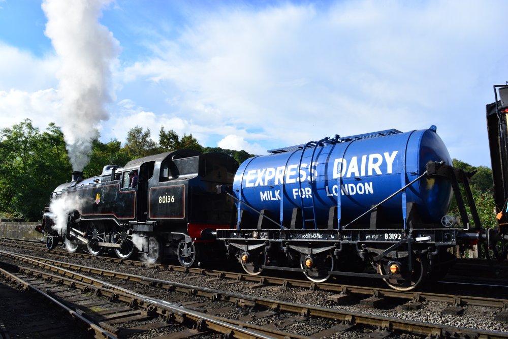 An EXPRESS DAIRY British Railways tank wagon MILK FOR LONDON B 3192 (B3192), built at Derby Works in 1953 (Grosmont, NYMR)