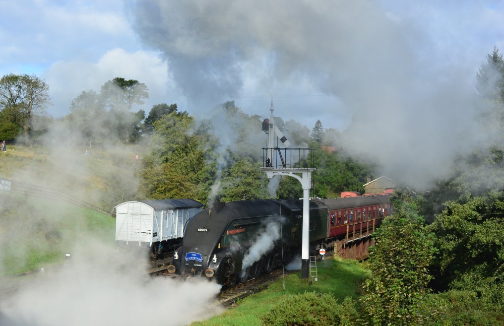 leaving Goathland station 60009 Union of South Africa Class A4 Pacific 4-6-2 Gresley steam locomotive