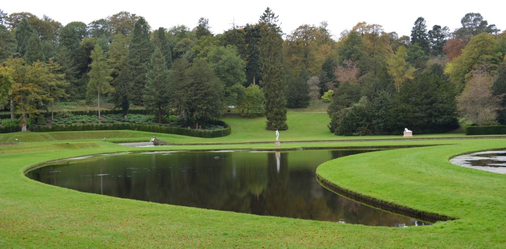 Moon pool pond Studley Royal walks park gardens in Autumn
