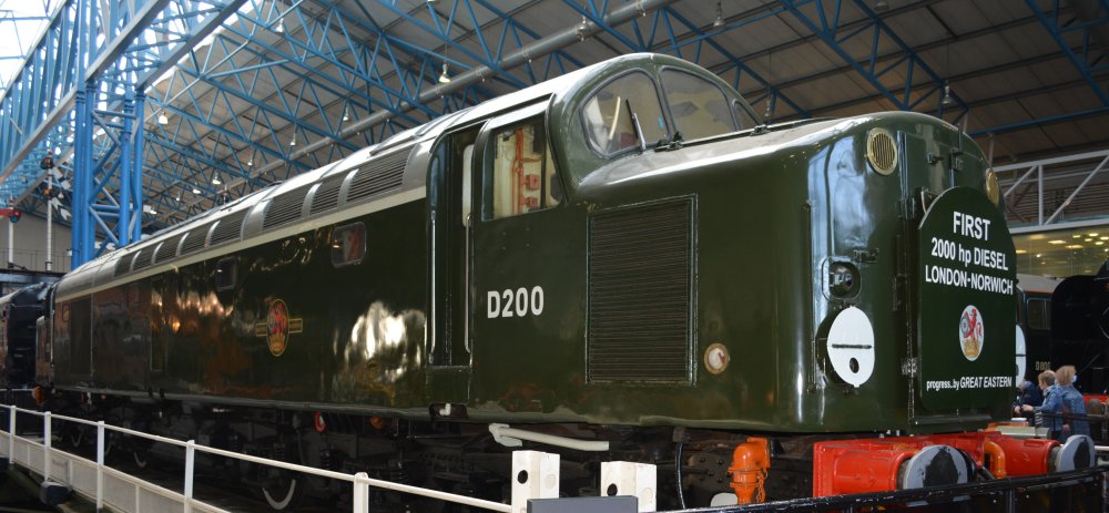 Class 40 diesel-electric D200, the caption reads 'FIRST 2000 hp diesel LONDON-NORWICH (York NRM, March 2022)