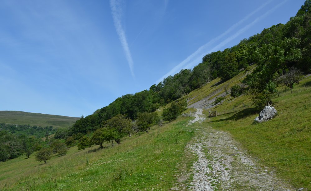 Ascending the stretch of the old Roman road Linear walk up Buckden Pike, Yorkshire Dales National Park, North Yorkshire