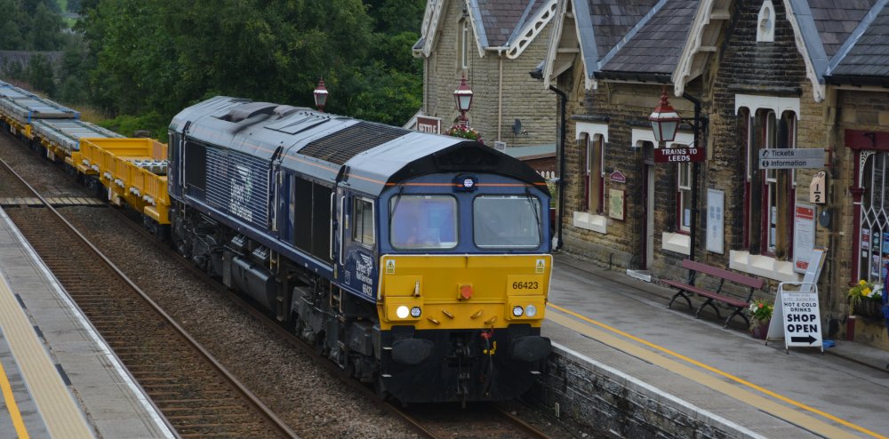 Freight train passing south through Settle station