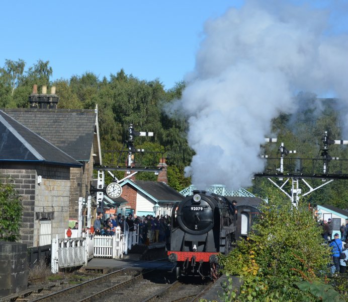 9F 2-10-0 freight locomotive 92134 at Grosmont, running as 92079, a former Lickey Banker, for the steep incline near Bromsgrove in the West Midlands of England