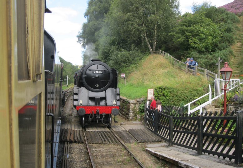 92134 climbing the bank into Goathland station with a NYMR Whitby-Pickering service (2024)