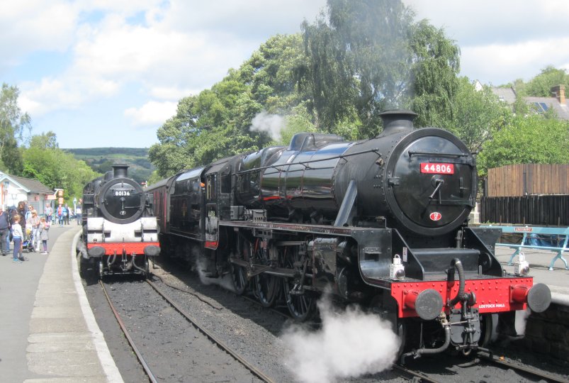 Stanier Black Five locomotive 45428 stands at Grosmont station with an NYMR service to Pickering