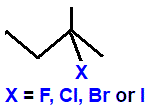 skeletal formula of 2-fluoro-2-methylbutane, 2-chloro-2-methylbutane, 2-bromo-2-methylbutane, 2-iodo-2-methylbutane, isomers of C5H11Cl, C5H11Br, C5H11I, C5H11F