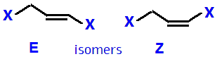 E/Z geometrical isomers 1,3-difluoropropene,  1,3-dichloropropene,  1,3-dibromopropene,  1,3-diiodopropane skeletal formula constitutional structural formula