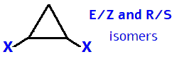 E/Z R/S isomers 1,2-difluorocyclopropane,  1,2-dichlorocyclopropane,  1,2-dibromocyclopropane,  1,2-diiodocyclopropane skeletal formula constitutional structural formula