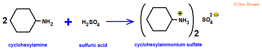 Cyclohexylamine is neutralised by sulfuric acid to yield the salt, cyclohexylammonium sulfate preparation structural formula equation molecular structure